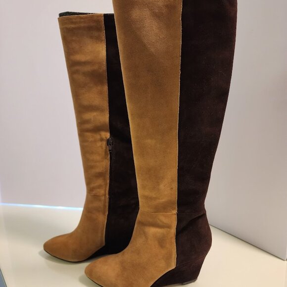 Jean-Michel Cazabat Two-Tone Light & Dark Brown Suede Wedge Boots - Picture 3 of 9